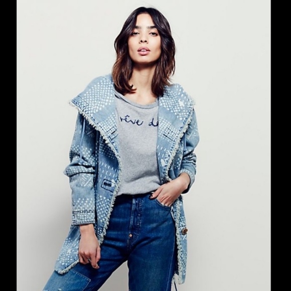 Free People Chambray Hooded Jacket Oversized Denim Coat XS - Picture 2 of 6